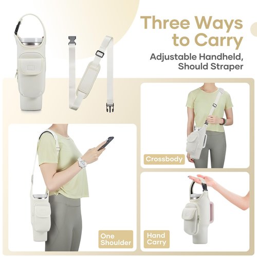 Carrier Bag with Phone & Flap Pockets Accessories for Stanley 40/30oz Tumbler with Handle, Insulated Neoprene Cup Holder Carrier Bag w/Shoulder & Handheld Strap Fits Stanley Cup Accessories
