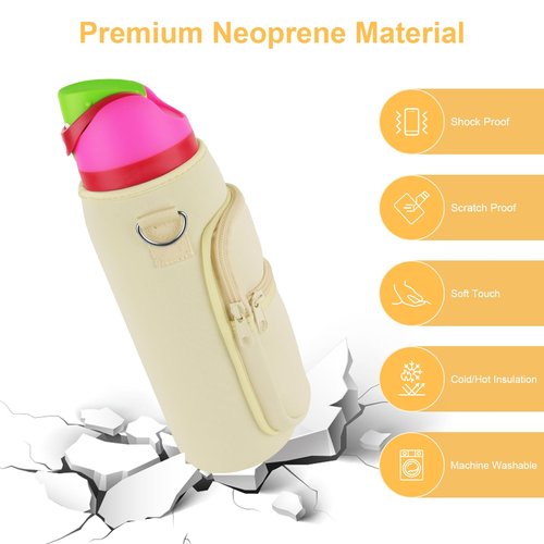 OriJoy Neoprene Water Bottle Carrier Bag Holder with Phone Pocket Compatible with Owala FreeSip 24/32/40 OZ, Tumbler Cup Accessories with Adjustable Strap for Phone Card Keys (Cream, 40 OZ)