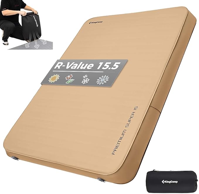 KingCamp Double Sleeping Pad, 2 Person Queen R 15.5 Self Inflating Sleeping Pad, 6" Ultra Thick Full Size Foam Mattress Mat for Outdoor Camping Tent Car, PVC Free (Khaki)