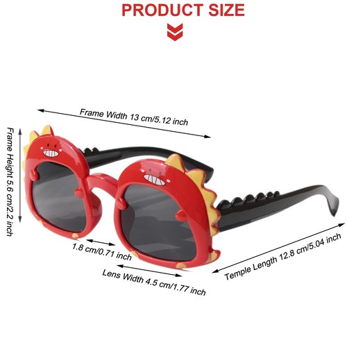 Dinosaur Cartoon Sunglasses for Kids Aged 2-6,UV Protection Secure Fit for Outdoor Adventures,Dark Lenses Red Black