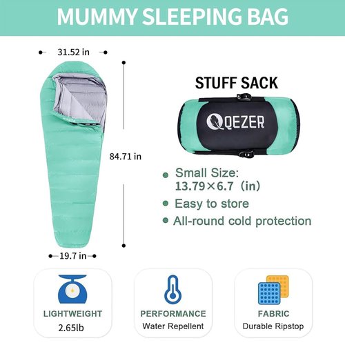 QEZER Down Sleeping Bag for Adults 32 Degree F Backpacking Sleeping Bag with 600 FP Down Ultralight Mummy Sleeping Bag with Pouch๏ผLightGreen๏ผ