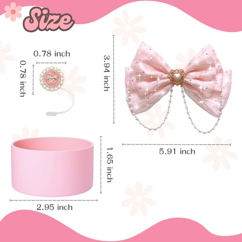Romukuku Bling Stanley Bow Straw Topper, Pearl Bow Lid Stanley Cup Accessories,Cute Straw Cover Cap, Silicone Boot Protector 3 PCS Sets for Tumbler Accessories (Pink)
