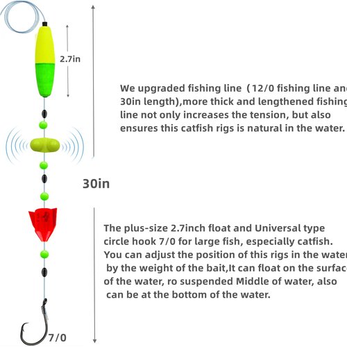 DAMIDEL 6Pcs Catfish Fishing Rigs Ready Kit,2 in 1 Rotating rattles/Double Rattles Beads, Float Rigs Tackle Santee Rig Peg Catfish,Free Adjustment in freshwter and Saltwater