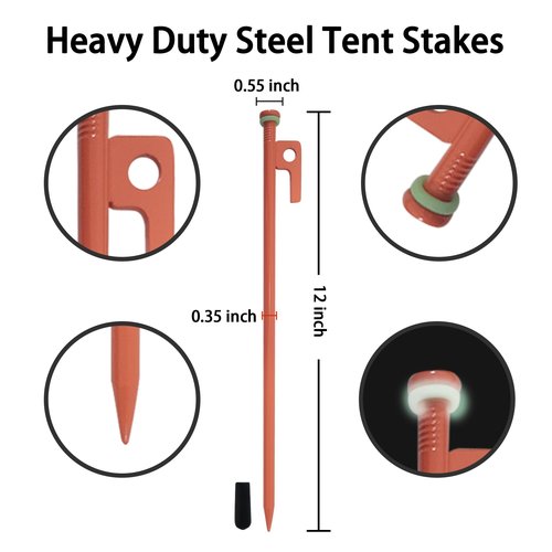 8 PCS Tent Stakes & Hammer Kit, Heavy Duty Metal Tent Pegs for Camping Steel Tent Stakes(Orange)