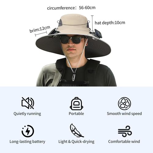 Wide-Brimmed Solar Fan Outdoor Fishing Hat, Solar and USB Charging, Long Battery Life Fan Hat, Waterproof Sun Hat Upf50+