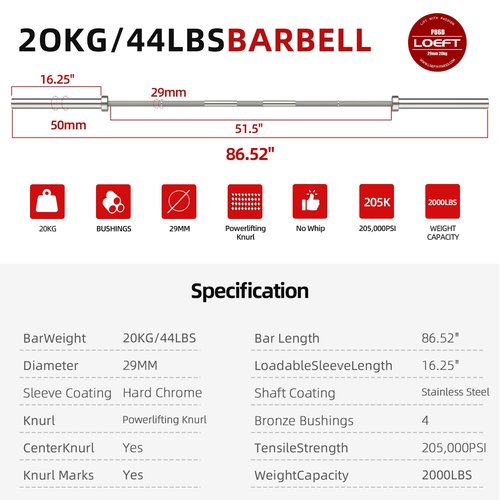 LOEFT Professional Powerlifting Barbell, 7ft 20KG 29MM Olympic Powerlifting Barbell with Aggressive Knurling, 2000 lbs Capacity 205K PSI Weight Bar Fit 2" Plates for Bench, Squat, and Deadlift (02Stainless steel)