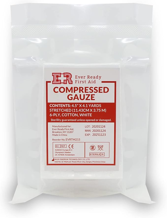 Ever Ready First Aid Compressed Sterile Gauze, 6-Ply Emergency Medical Dressing for First Aid Kits – 4.5” x 4.1 Yards - 10 Pack