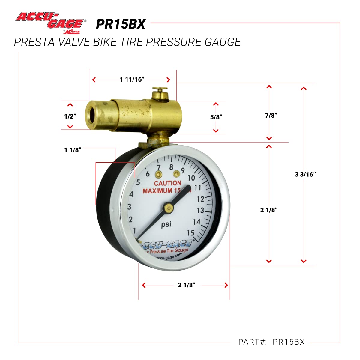 Milton Accu-Gage Presta Valve Bike Tire Pressure Gauge 0-15 PSI with Bleeder Valve