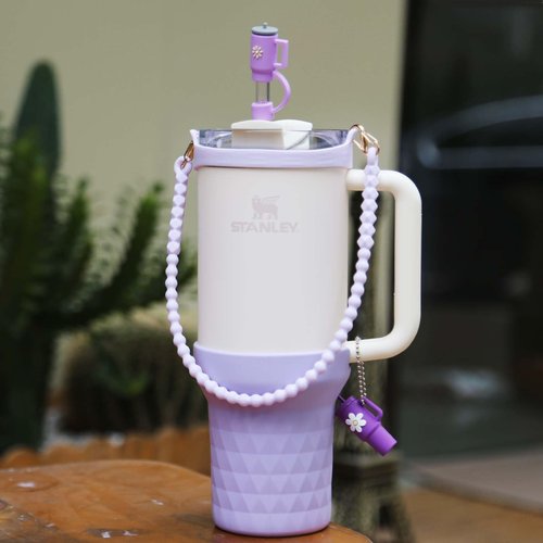 High Silicone Boot for Stanley 40oz Tumbler Accessories, Protective Water Bottle Bottom, Compatible with Stanley Quencher 40oz Only, 1PC Water Bottle Handle, 3PCS Straw Cover Caps (Purple)