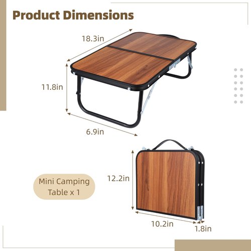 YHomU Compact Mini Camping Table, Walnut Wood Folding Side Low Table for Camp, Portable Table for Picnic Travel Beach, Lightweight Foldable Design
