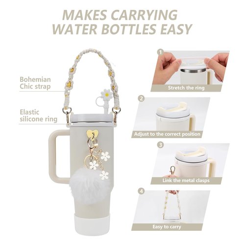 Stanley Cup Accessories Set - 7 Piece Collection: Water Bottle Handle, Silicone Boot, Straw Cover, Charms for 40/30 oz Tumbler (White)