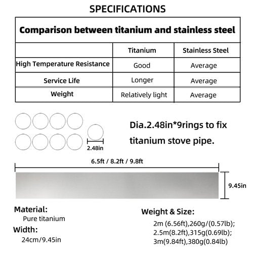 TrekRevive Titanium/Stainless Steel Rollable Chimney Pipe, Lightweight and Portable, DIY Folding Chimney for Hot Tent Stove, Titanium Tent Stove, Hot Tent Camping(Titanium, 2.5m/8.2ft)