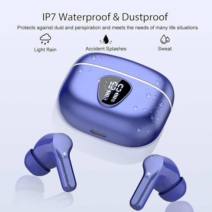 Wireless Earbuds, Bluetooth 5.4 Headphones HiFi Stereo, Bluetooth Earbuds with ENC Noise Cancelling Mic, IP7 Waterproof in Ear Earphones, 48H, LED Display Ear buds for Pad Workout Sports, Blue