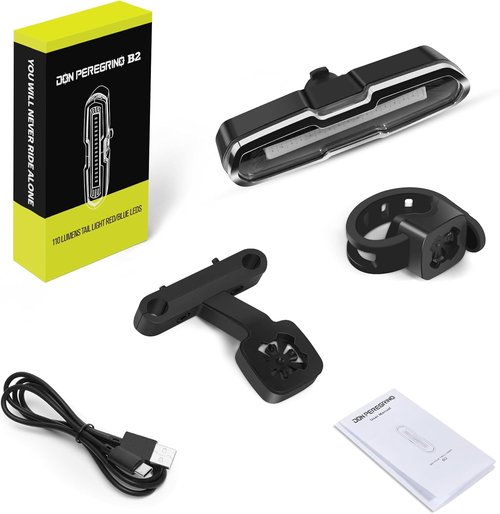 Bike Tail Light Powerful 110 Lumens - Bike Lights 5 Modes Red/Blue, Waterproof IP64, Rechargeable USB-C, Quick Release Brackets for Saddle & Seatpost, DON PEREGRINO B2 Bicycle Lights