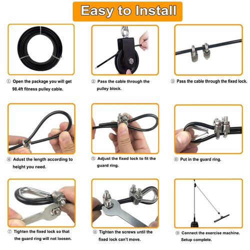 WRFDEC 98.4Ft Fitness Gym Replacement Cable for Pulley Cable Machine, Gym Steel Cable, Pulley Cable for DIY Home Gym, TPU Coated, Cable Thick 1/4"(6mm)