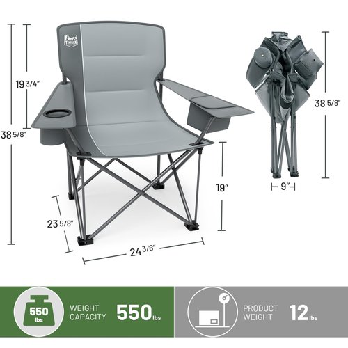 TIMBER RIDGE Oversized Folding Camping Chair for Adults, Support 550 LBS Heavy Duty with Cup Holder Side Pocket for Camping, Lawn, Picnic, Grey