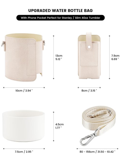 molshine Water Bottle Carrier Bag Holder with Phone Pocket Adjustable Strap for Stanley 30 40oz, Insulated PU Leather Cover Sleeve Sling Crossbody Bag for Walking Camping Hiking Travelling (Beige)