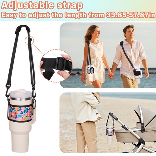 LUCKINEE Water Bottle Carrier Holder with Shoulder Strap Water Bottle Handle Strap Sling for Stanley 30&40oz Tumblers With 2pc Straw Covers Toppers for Stanley Cup Holder (Black)