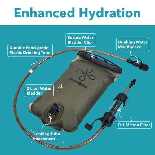 Puribag Adventure Bladder: 2 Liter Hydration Bladder with Filter - Replacement Backpack Water System Compatible with Other Daypack Hydration Systems, Water Bladder for Backpacking, Hiking & Biking