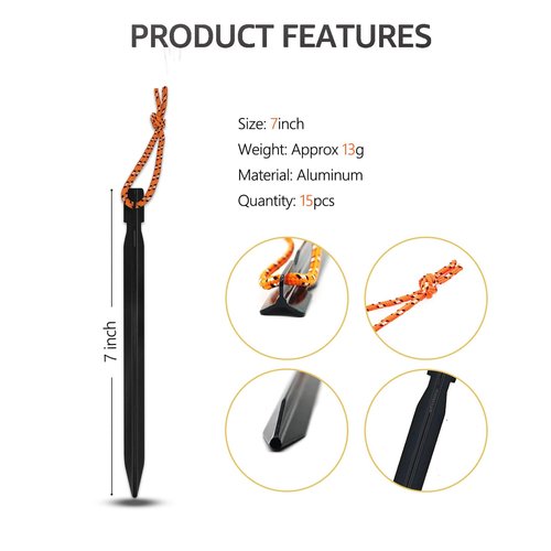CTROPDA 15Pack Tent Stakes, 7075 Aluminum Tent Stakes with Pull Rope, Lightweight Tent Pegs for Backpacking, Durable Camping Tent Accessories, Black…