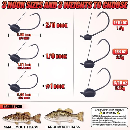 Weedless-Weighted-Wacky-Rig-Hooks-for-Bass-Fishing-Wide-Gap-Worm-Hook-Jig-Heads 10 Pack (1/8oz (3.5g)-10 Pack, 2/0 Hooks)