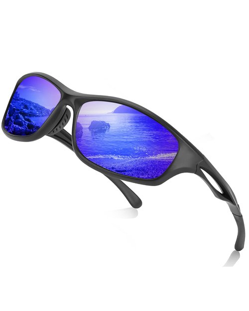 FIMOSON Sports Polarized Sunglasses for Men and Women, UV400 Protection Wrap-around Sports Sunglasses Deep Blue Lens