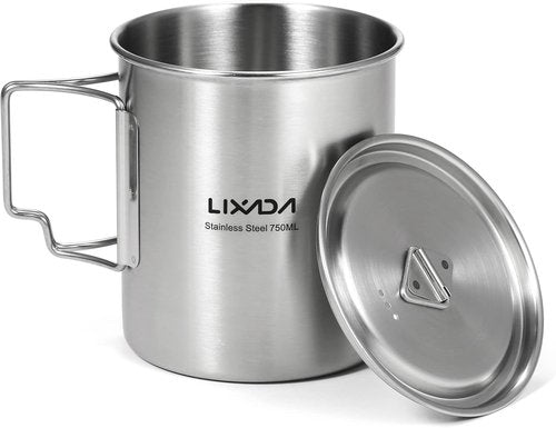 LIXADA Camping Cup Pot,750ml Stainless Steel Water Cup Mug with Foldable Handles and Lid for Outdoor Camping Hiking Backpacking
