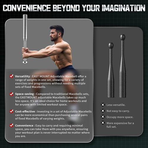EAST MOUNT Adjustable Macebell Clubbell for Strength Training,6-in-1 Premium Steel Weighted Indian Clubbell for Full Body,Muscles, Shoulder/Grip/Forearm Training & Stretching