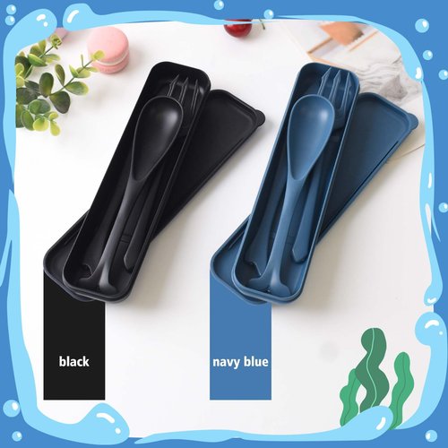 2 Sets Reusable Utensils Set with Case, Plastic Lunch Box Utensils Set for Kids, Travel Cutlery Set for Ocean Party Decorations Picnic or Daily Use (Blue, Black)