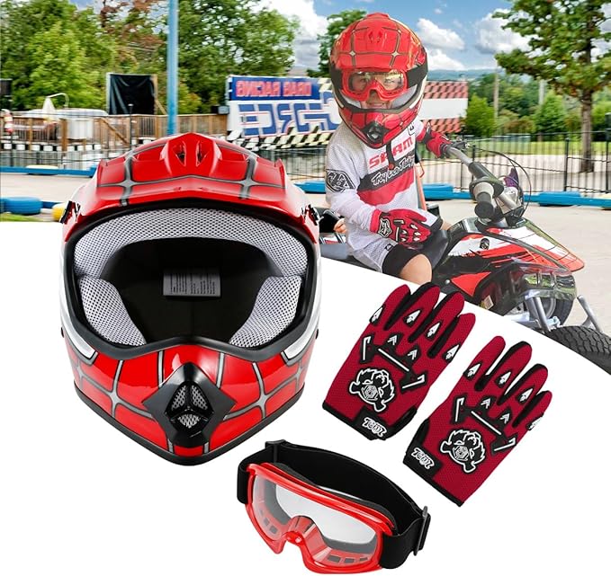 TCT-MOTORPARTS DOT Youth Kids Motorcycle Four Wheeler Riding Racing Helmet Motocross ATV Helmets Offroad Street Dirt Bike Go-Kart BMX MX Full Face Helmet Red Spider X-Large Size