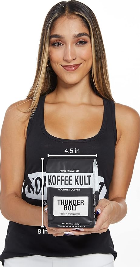Koffee Kult Thunder Bolt - Whole Bean Coffee, Dark French Roast, 100% Arabica, Robust Blend, Bold Strong Artisan Flavor 12oz Resealable Package