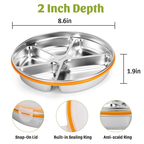 OUTFANDIA Stainless Steel Portion Control Plate with Lids, Divided Plates for Adults, 10.6in Deep Divided Lunch Boxes with Secure Locking Plastic Lids, Reusable Camping Serving Dinner Plates