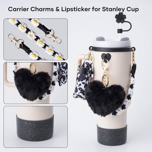 Bufilea Stanley Cup AccessoriesI Bottle Handle Carrier Strap,Silicone Cup Boot, Lipstick Holder, Straw Topper & Spill Stopper Cute Decorative Charms, Accessories for Stanley Cup 40oz/30oz Decor