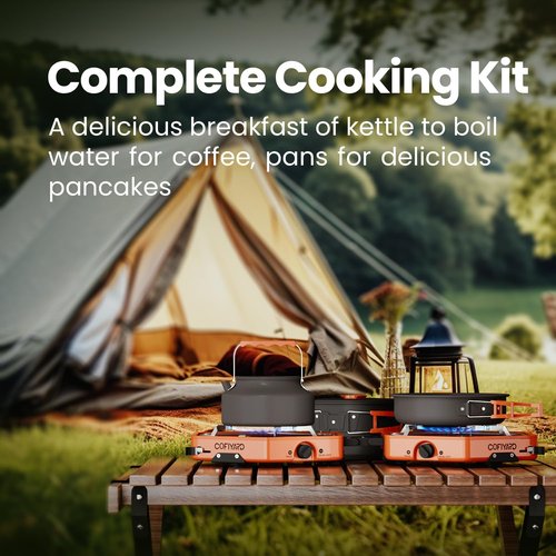 Cofiyard Propane 2 Burner Camping Stove with Camping Cookware, Outdoor Folding Propane Gas Stove, Camp Portable Stove and Camping Cooking Set, With 17,000 Total BTUs for BBQ, Tailgating, Camping