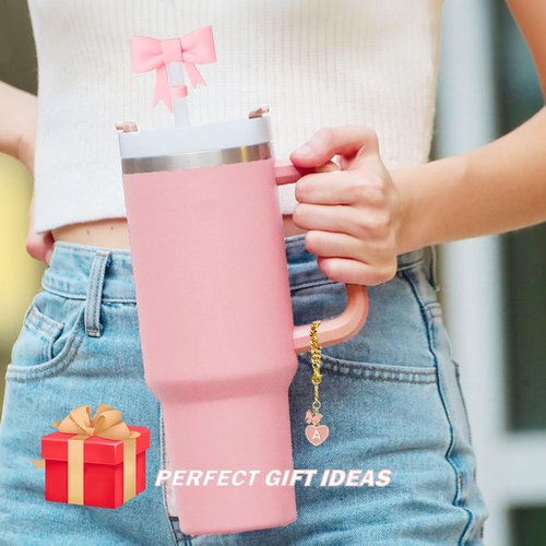 LUHOHI Pink Bow for Stanley Straw Topper- 3pcs Cute Cup Bow Straw Cover Silicone Cap 10mm with 2pcs Initial Letter Charms Name Id Personalized Accessories 40/30 Oz Tumbler Water Bottle Cups A