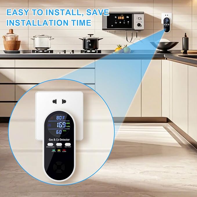 5-in-1 Upgraded Gas & Carbon Monoxide Detectors Plug in, Combination Natural Gas Detector and Carbon Monoxide Detector with ℉, Humidity and Sound, Brightness Control, Holds 9V Battery (not Included)