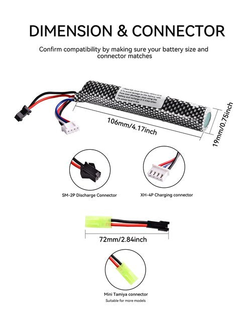 11.1v 2000mAh Battery with Charger - Rechargeable Batteries Accessories with SM2P Plug Mini Tamiya Connector for Airsoft Compatible with Gel Ball Blaster Gun,1 pcs