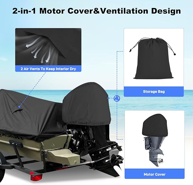 Boat Cover 17-19ft,Bass Tracker Boat Cover with Sand Bag Mooring Kit,1200D Marine Canvas Waterproof Heavy Duty Boat Covers for 17 feet 18ft 19' Foot V Hull Bass & Runabout Boat,Black