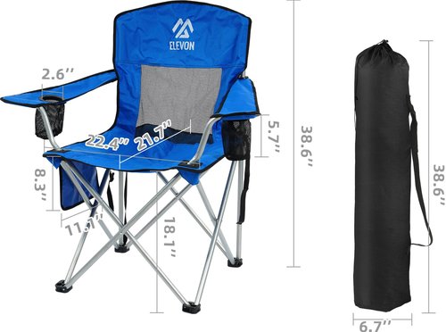 Elevon Camp Chairs Outdoor, Folding Chair Camping Recliner Support Mesh Backrest, Lawn Chair with Cup Holder, Storage Pocket, Carrying Bag, Blue