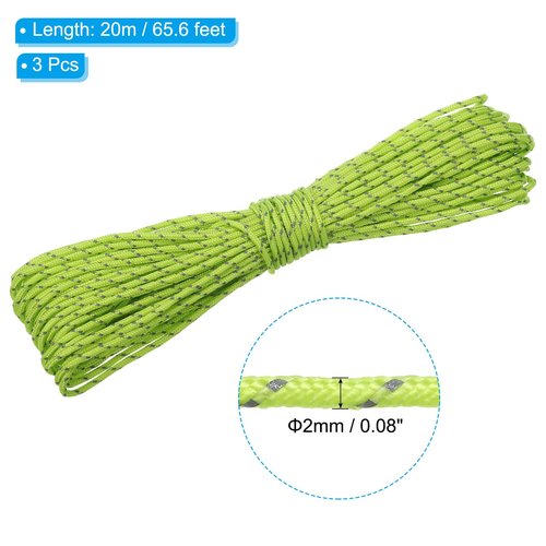 PATIKIL 65 Feet Reflective Guyline Camping Paracord 2mm,3 Pack Tent Cord Rope Nylon Paracord Rope for Camping Tent Tarp Hiking, Fluorescent Green (20M)