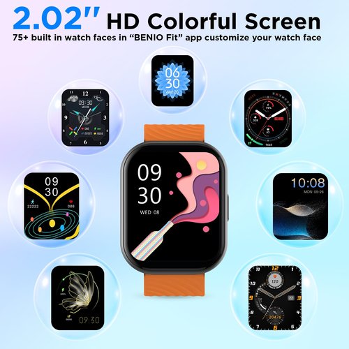 BENIO Smart Watch (Answer/Make Call), Voice Calls, 2.02" Fitness Tracker with 24/7 Heart Rate, SpO2, Sleep Tracker, 100 Sports Modes Activity Trackers, IP67 Waterproof Step Calorie Counter