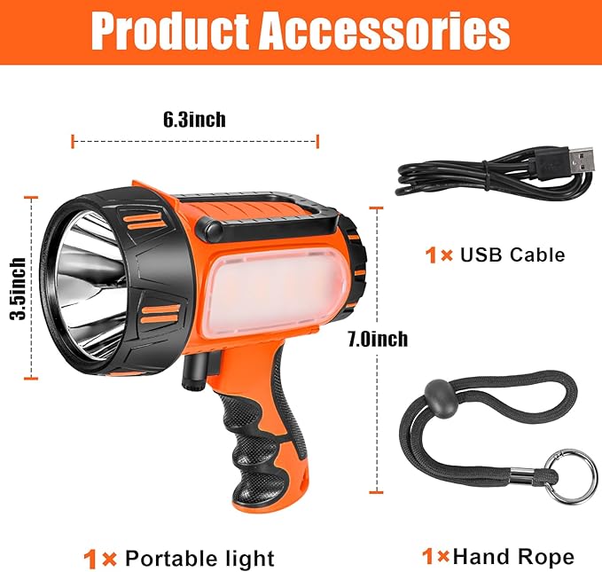 Super Bright Rechargeable Spotlight Handheld Rechargeable LED Flashlight Tactical Searchlight with USB Output 6 Light Modes Camping Light (Orange)