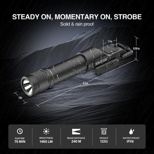 Solofish Aluminum 1450lm Flashlight is Compatible Picatinny/Mlok Rail, with Pressure Pad Switch for Rifle, Weapon Light with Strobe/Momentary, Replaceable Batteries