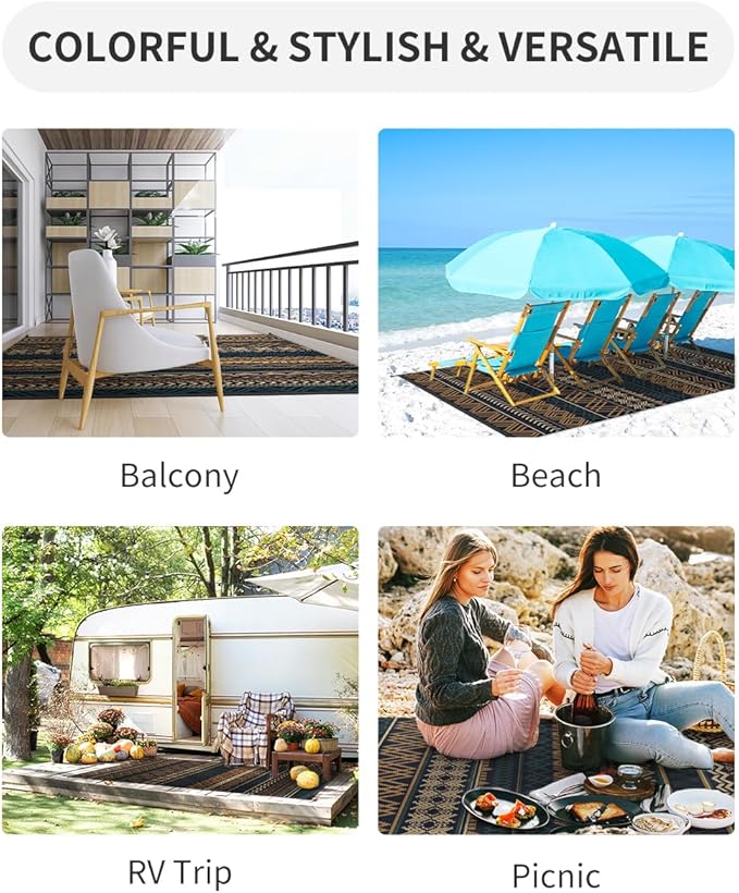 MontVoo Outdoor Rug Carpet Waterproof-Patio Rug Mat 5x8 Reversible RV Camping Rug Picnic Mat Plastic Straw Outside Rug for Balcony Porch Deck Beach-Boho Outdoor Area Rug for Patio Decor Colorful
