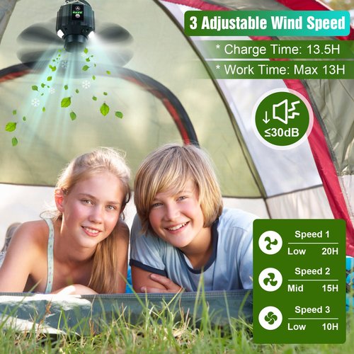 Tent Ceiling Fan for Camping,5200mAh USB Battery Operated Portable Camping Fan Hanging Tent Lantern Fan with 3 LED Light Brightness 3 Fan Speed Smart Timer Remote Control for Outdoor Tent Canopy,RV