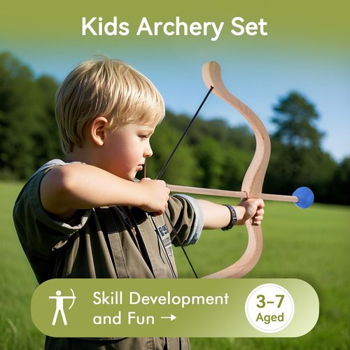 WOODEN TEETHER Kids Bow and Arrow Set,Wooden Toy Bow and Arrow for Kids 4-6 Archery Set Includes 3 Arrows, 3 Targets and Quiver,Indoor & Outdoor Play for Children Boys & Girls