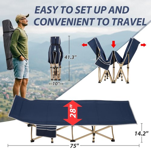 Candockway Folding Camping Cot with Comfy Mattress(Blue),600LBS(Max Load),Portable Cot Bed for Adults Include Carry Bags,28" Wider Sleeping Cots for Home,Office Nap,Outdoor Travel Camp Beach