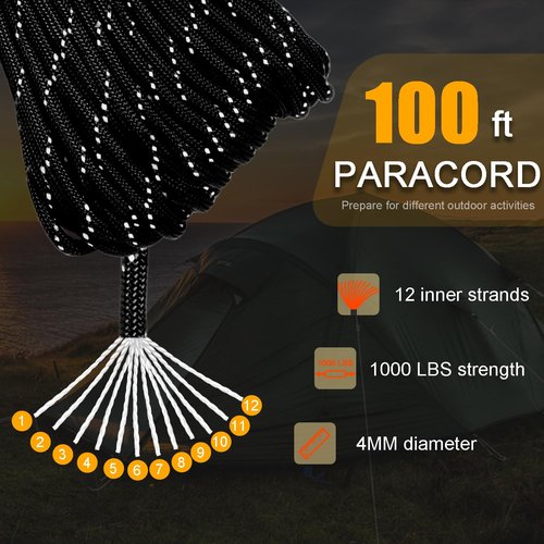 CooBigo Paracord Rope 1000 lb 4mm 12 Strand Parachute Cord 100ft Reflective Black Paracord for DIY Weave Bracelet/Lanyards Tent Camping Hiking Survival or Others Outdoor Gear