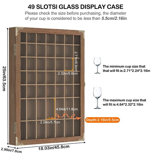 usego Shot Glass Display Case with Door 49 Slots Rustic Shot Glasses Storage Case Wall Mounted Shot Glass Shelf Holder Wooden Display Box with Hinged Acrylic Door,Brown
