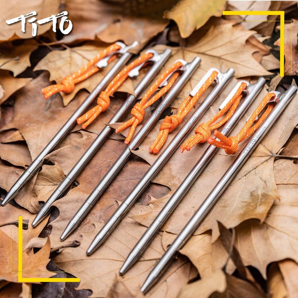 TiTo Titanium Tent Pegs Stakes Lightweight Snowfield Grassland Heavy Duty Tent Nails for Outdoor Camping Hiking and Plant Support Garden Stakes 4pcs/6pcs (7×200mm-6pcs)